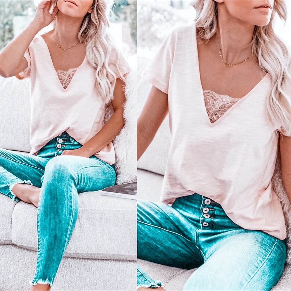 NEW! V-Neck Basic Lace Tee | Blush